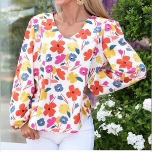 Michele McDowell Multicolor Floral V-Neck Longsleeve Blouse size L
